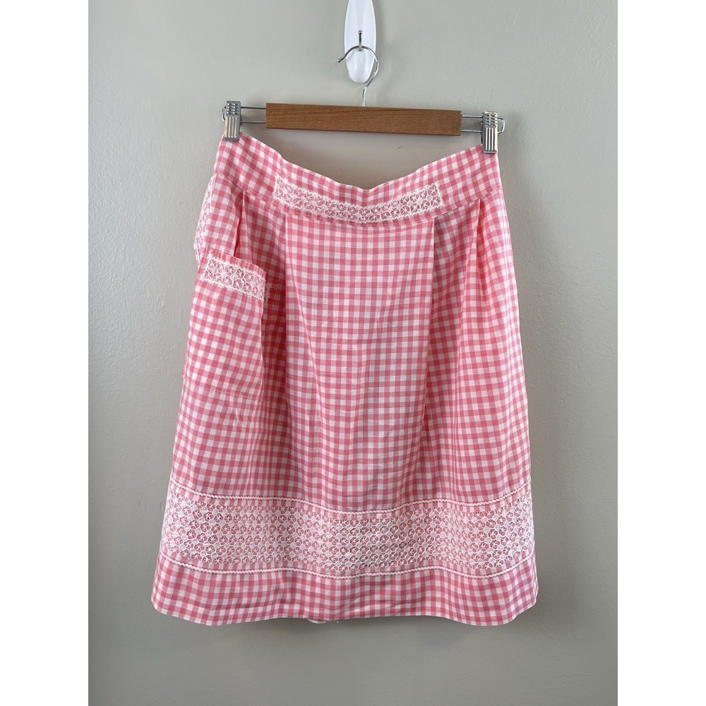 Half Apron Vtg Pink White Gingham Checkered Embroidery Farmhouse Pocket